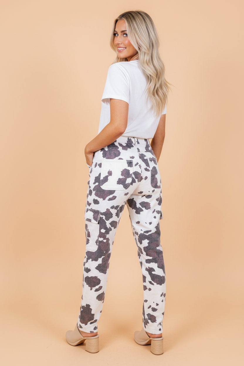 Cow Spot Cargo Straight Leg Jeans