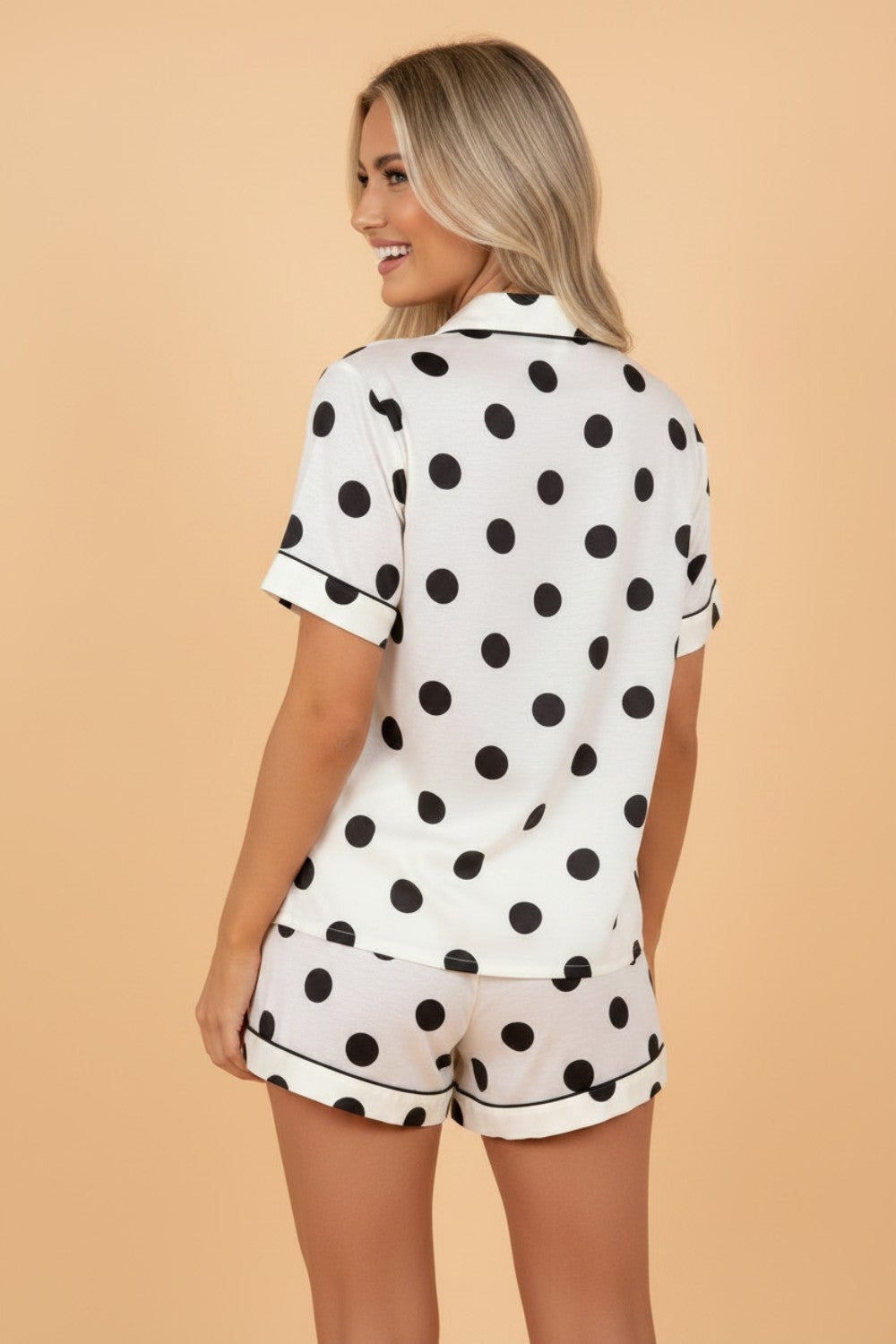 Black & White Polka Dot Lapel Pajama Short Set