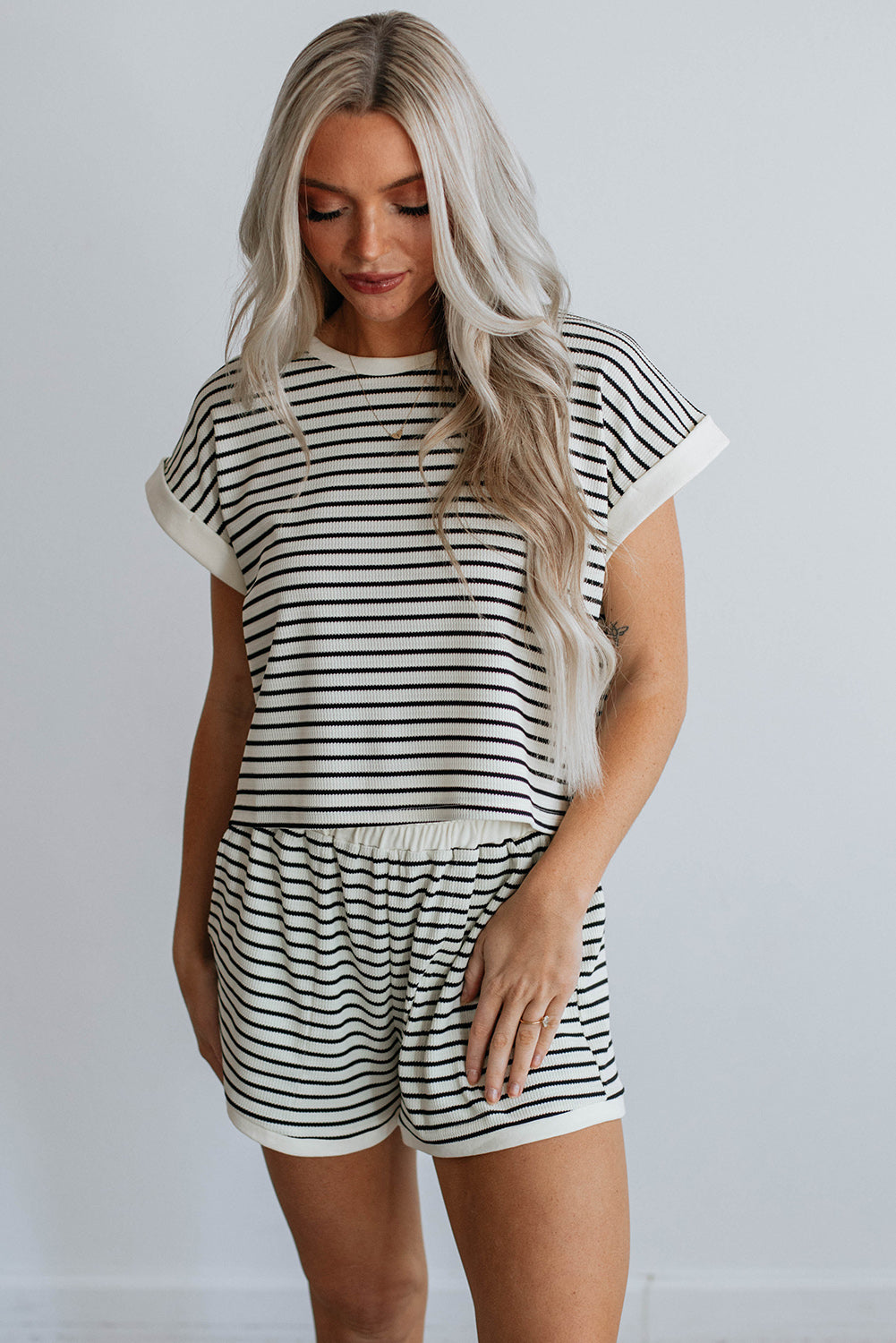 White Stripe Tee and Shorts Set