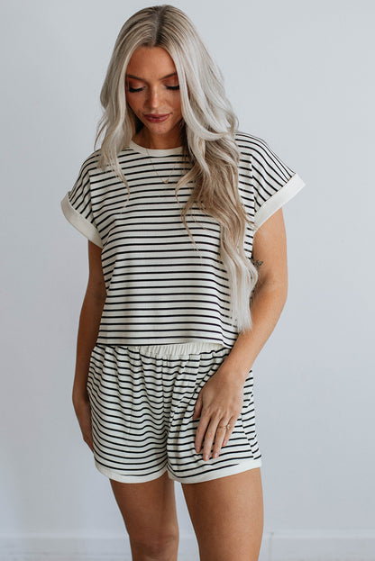 White Stripe Tee and Shorts Set