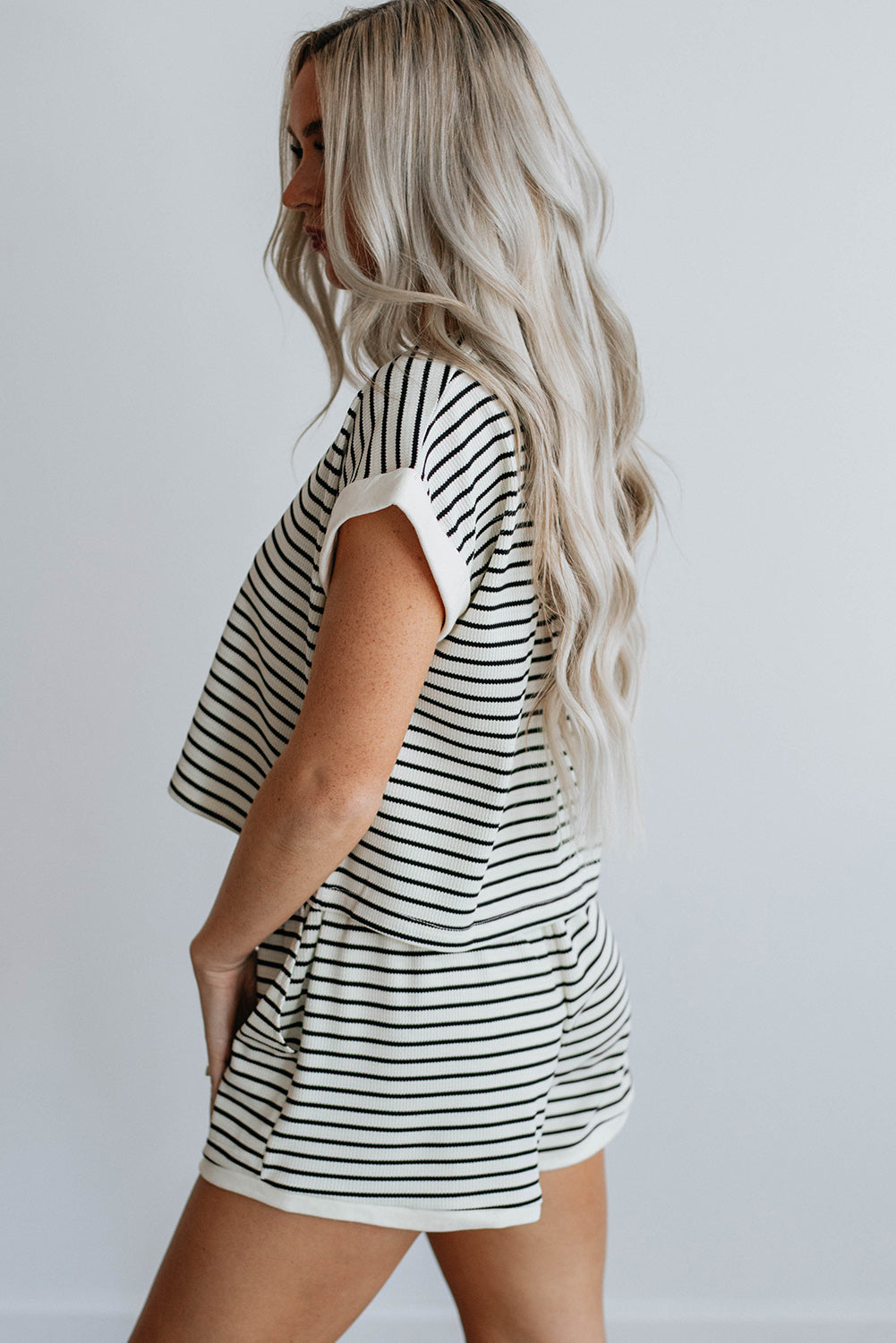 White Stripe Tee and Shorts Set