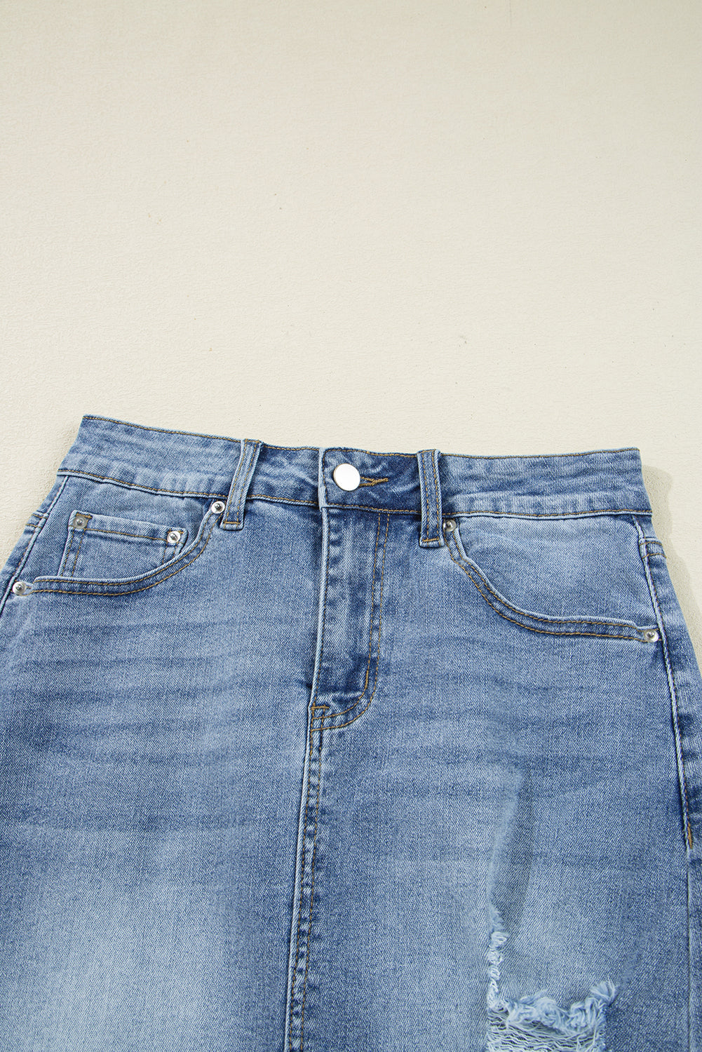 Distressed Raw Hem Denim Midi Skirt