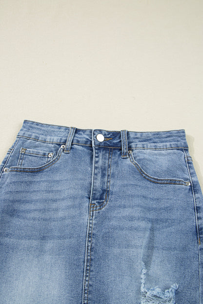 Distressed Raw Hem Denim Midi Skirt