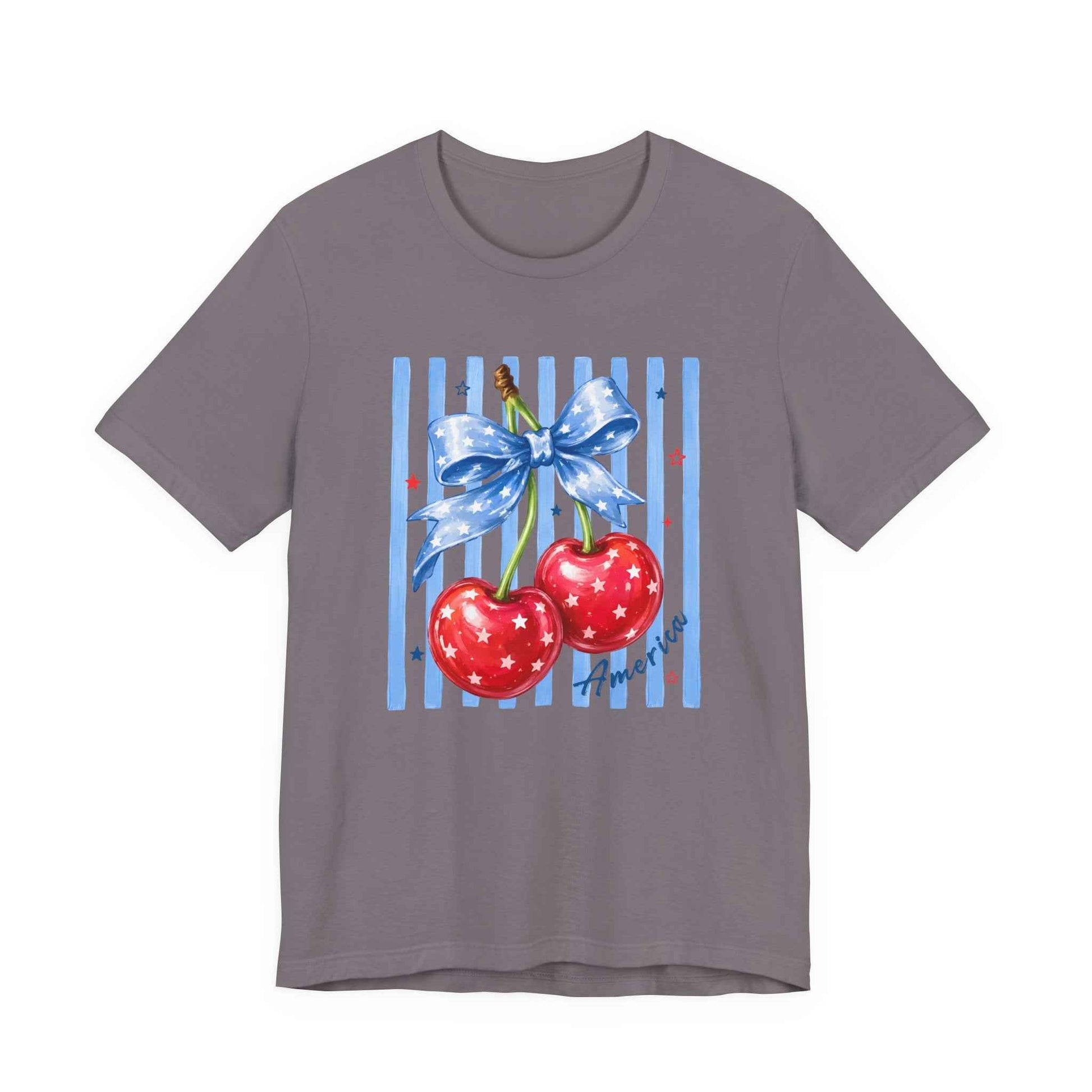 Cherry Ribbon Tee — Retro Blue Stripe Cherry Graphic Shirt