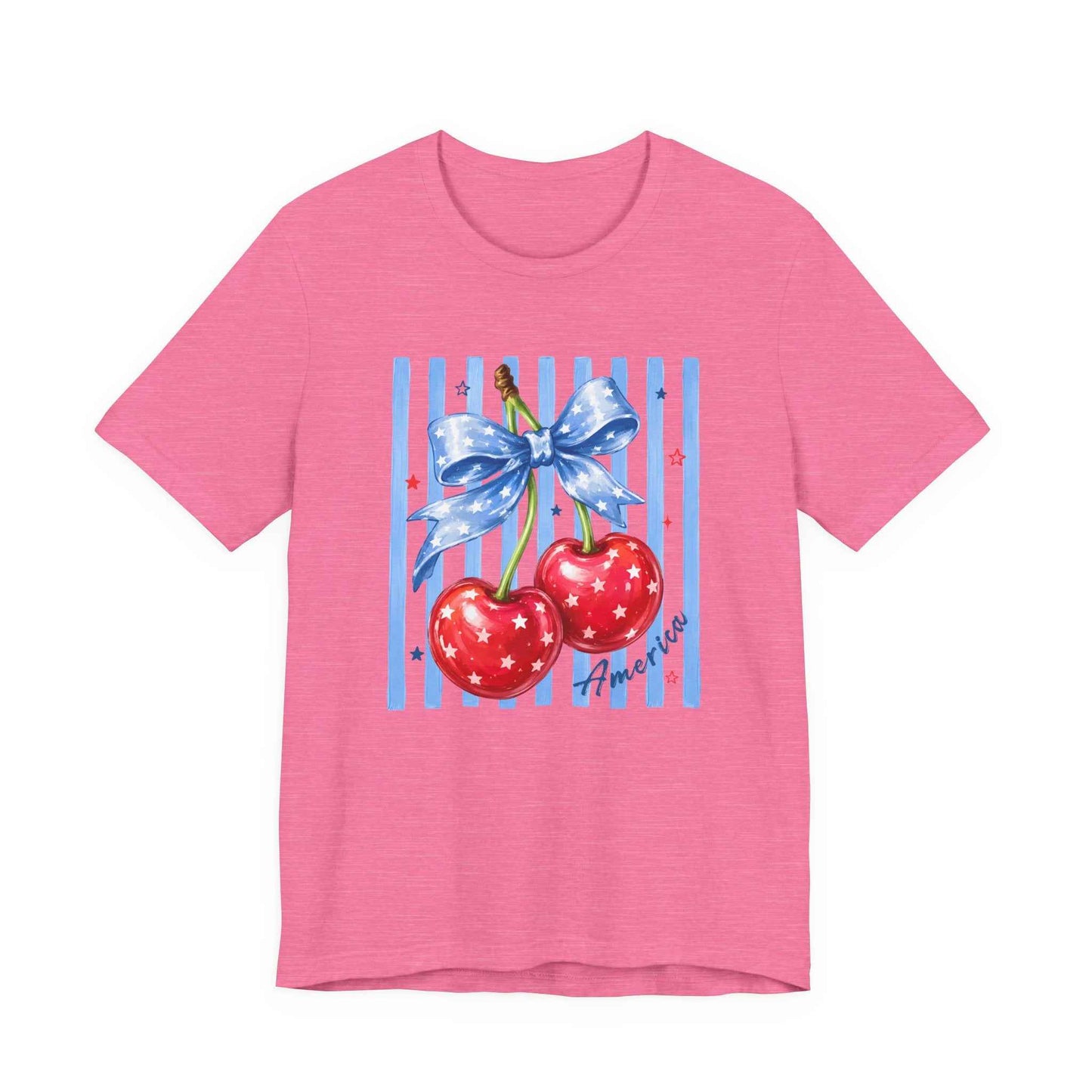 Cherry Ribbon Tee — Retro Blue Stripe Cherry Graphic Shirt