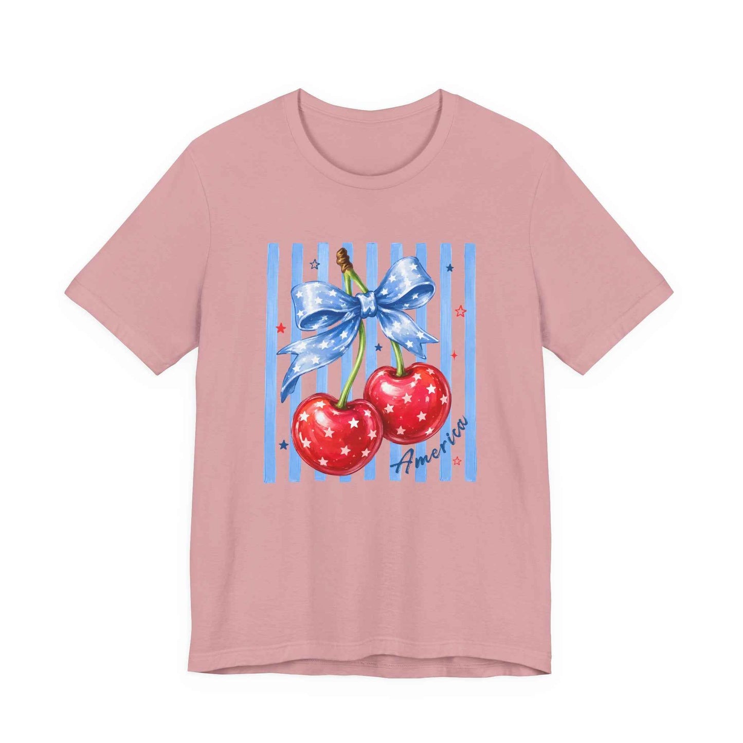 Cherry Ribbon Tee — Retro Blue Stripe Cherry Graphic Shirt