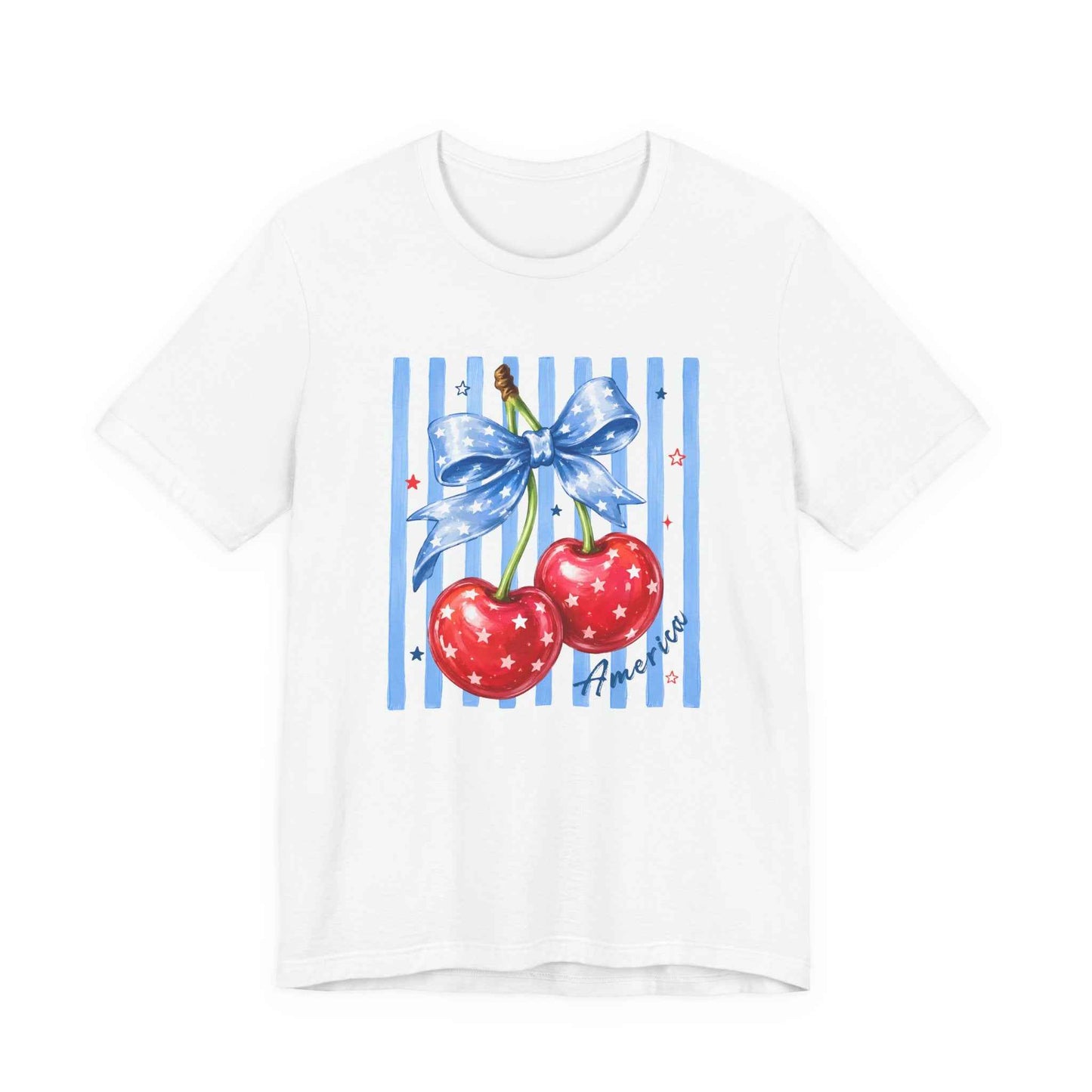 Cherry Ribbon Tee — Retro Blue Stripe Cherry Graphic Shirt