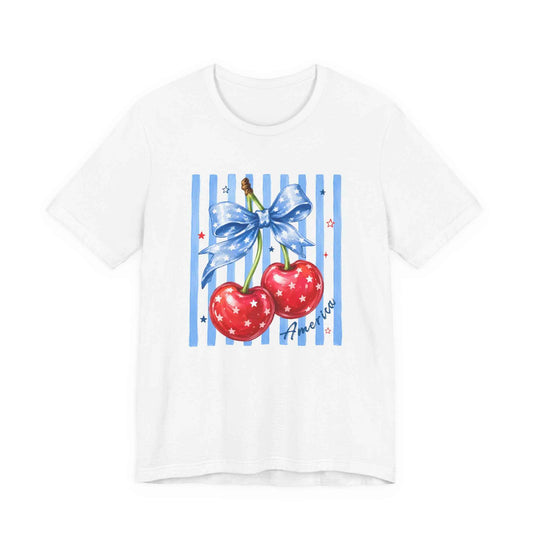 Cherry Ribbon Tee — Retro Blue Stripe Cherry Graphic Shirt