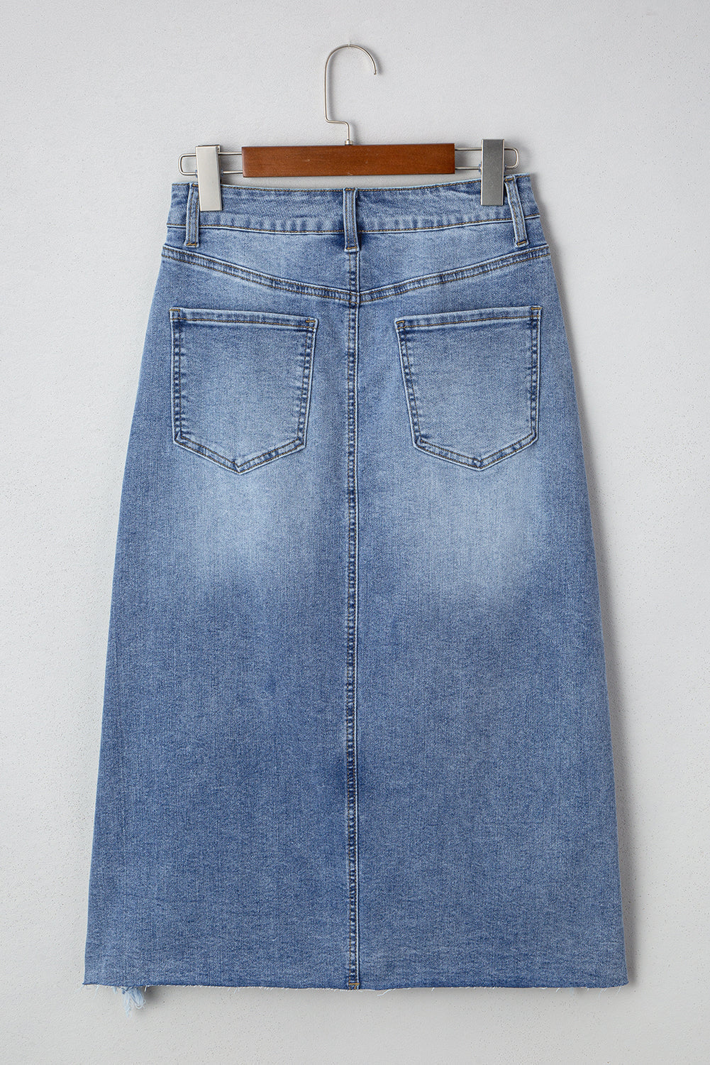 Distressed Raw Hem Denim Midi Skirt