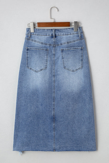 Distressed Raw Hem Denim Midi Skirt