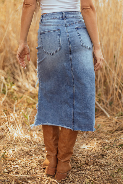Distressed Raw Hem Denim Midi Skirt