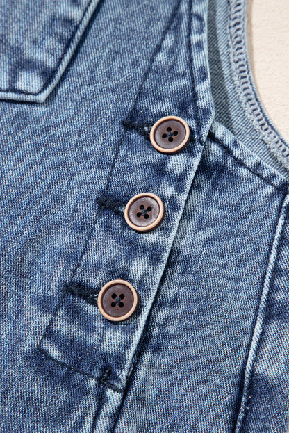 Solid Denim Distressed Bib Pocket Wide Leg Overall