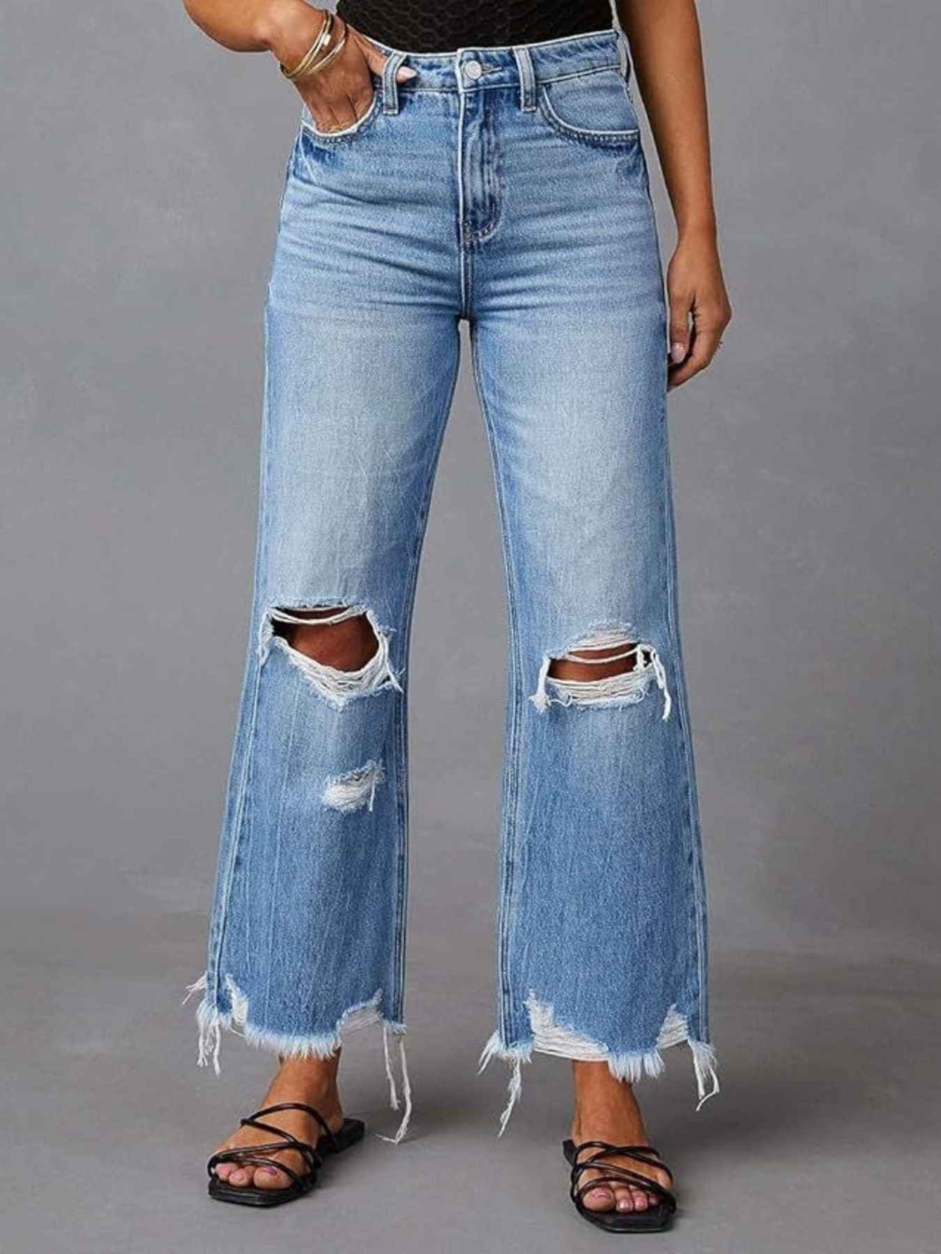 Distressed Raw Hem Flare Jeans