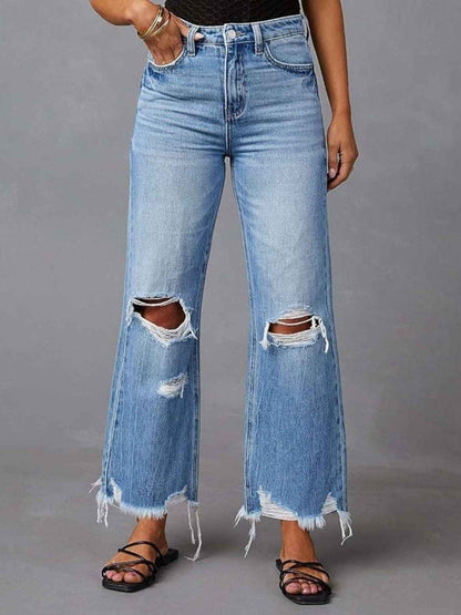 Distressed Raw Hem Flare Jeans