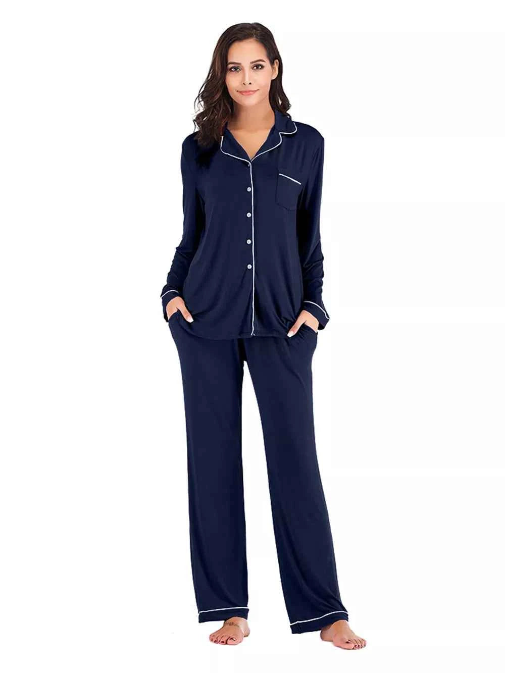 Collared Neck Long Sleeve Loungewear Set with Pockets