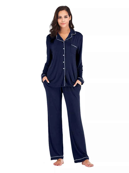 Collared Neck Long Sleeve Loungewear Set with Pockets