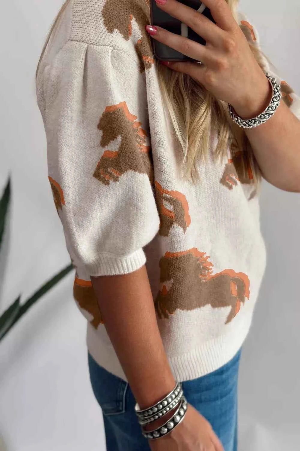 Western Horse Short Puff Sleeve Sweater