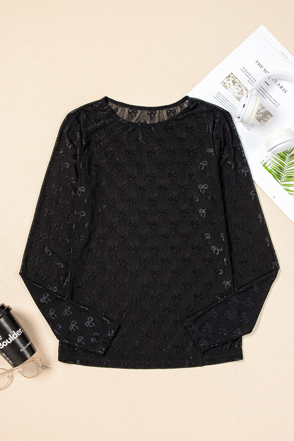 Black Mesh Bow Pattern Top