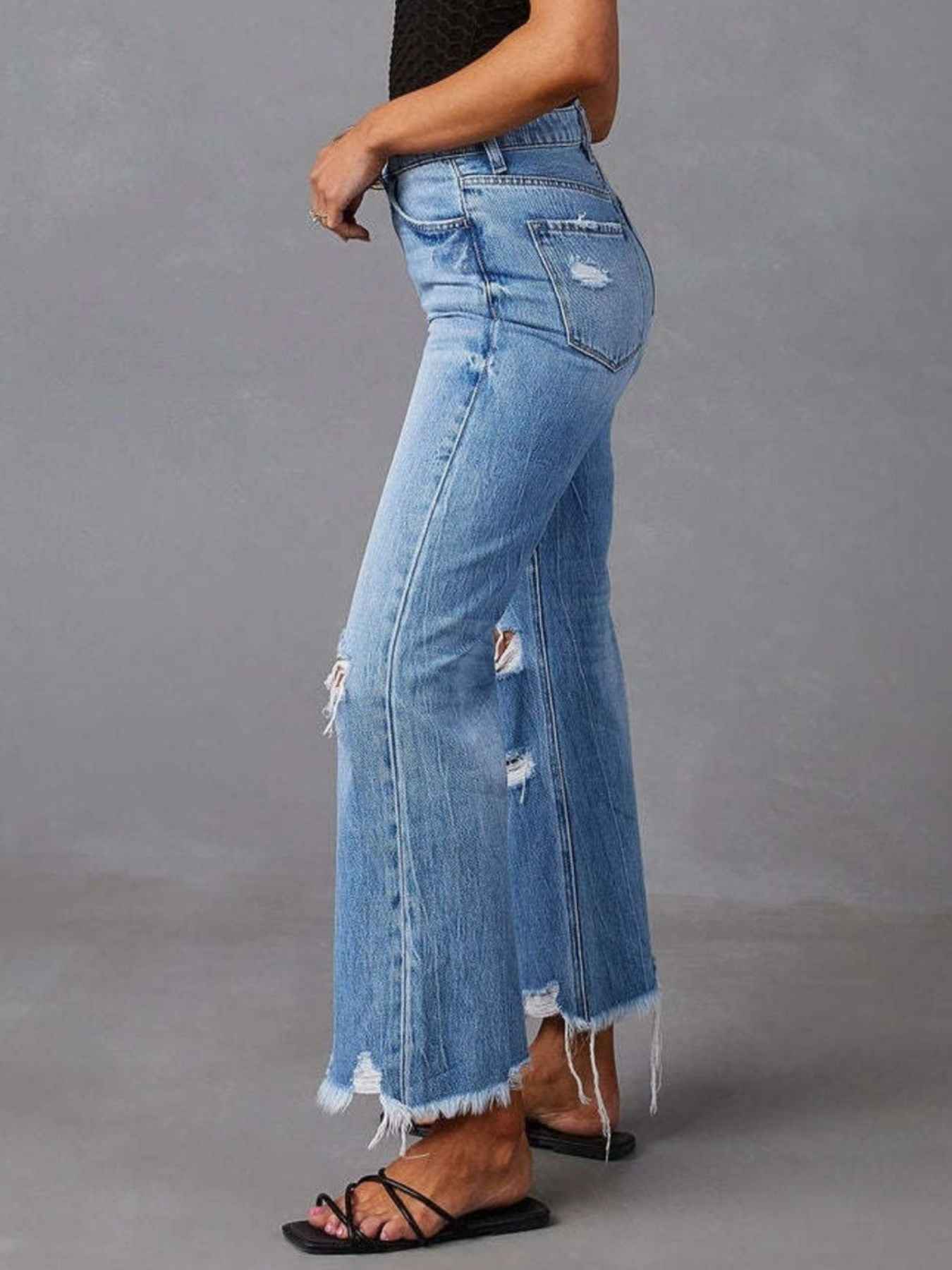 Distressed Raw Hem Flare Jeans