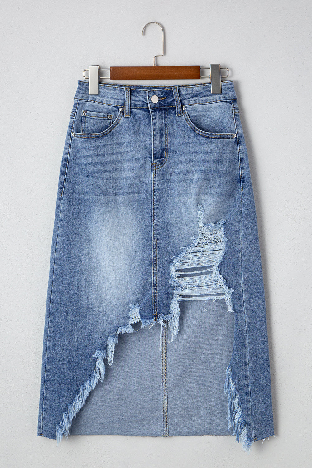 Distressed Raw Hem Denim Midi Skirt