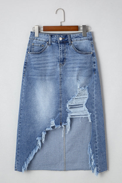 Distressed Raw Hem Denim Midi Skirt
