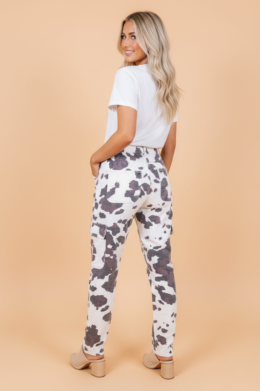 Cow Spot Cargo Straight Leg Jeans