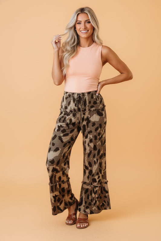 Leopard Ruffle Tiered Wide Leg Pants