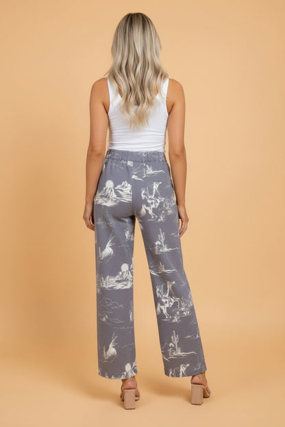 Western Scene Print High Waist Wide Leg Pants