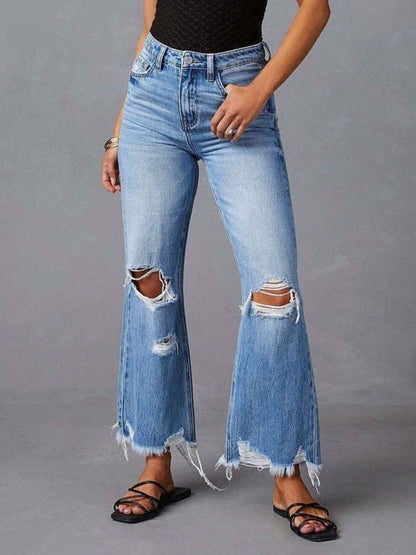 Distressed Raw Hem Flare Jeans