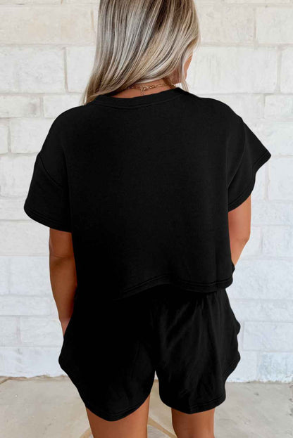 Black 2pcs Cropped Tee and Ruffle High Waist Skort Set