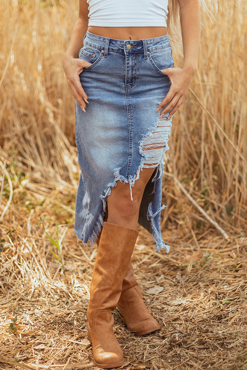 Distressed Raw Hem Denim Midi Skirt