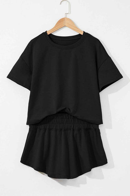 Black 2pcs Cropped Tee and Ruffle High Waist Skort Set
