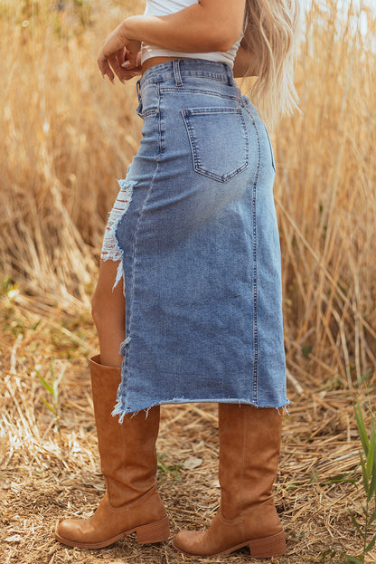 Distressed Raw Hem Denim Midi Skirt